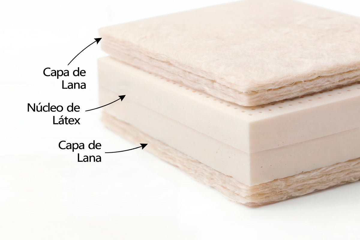 Almohada de látex 100% natural de Latex Natura con núcleo de lana, artesana y ideal para descanso saludable en Barcelona.